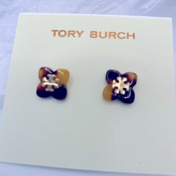 New Tory Burch Tortoise Flower Gold Logo Stud Earrings - Picture 3 of 10